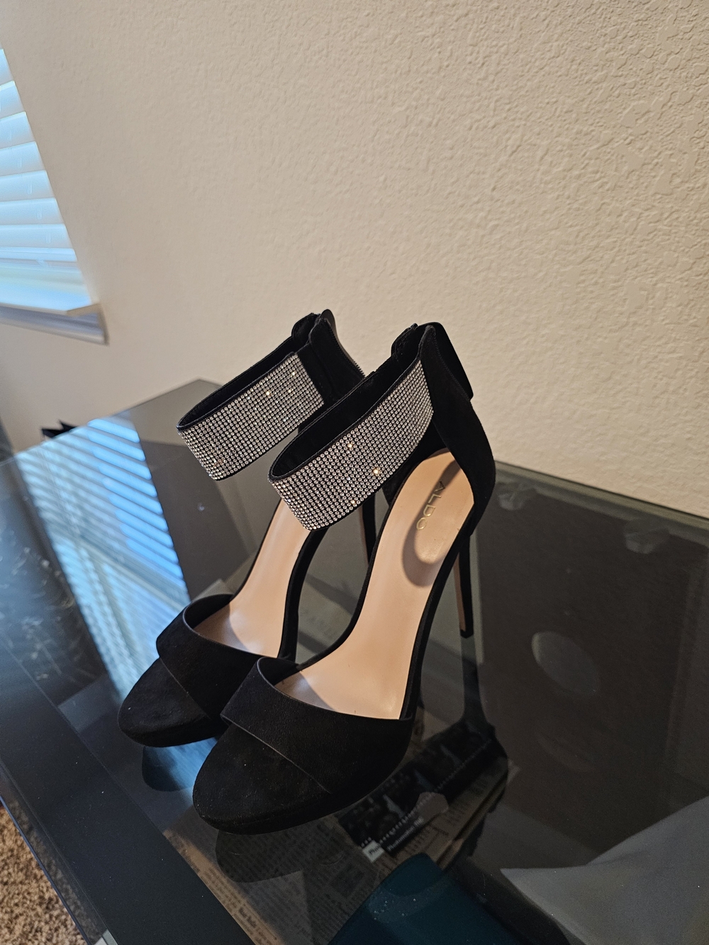 Aldo Black Suede Stiletto Sandals with Rhinestone Ankle Cuff